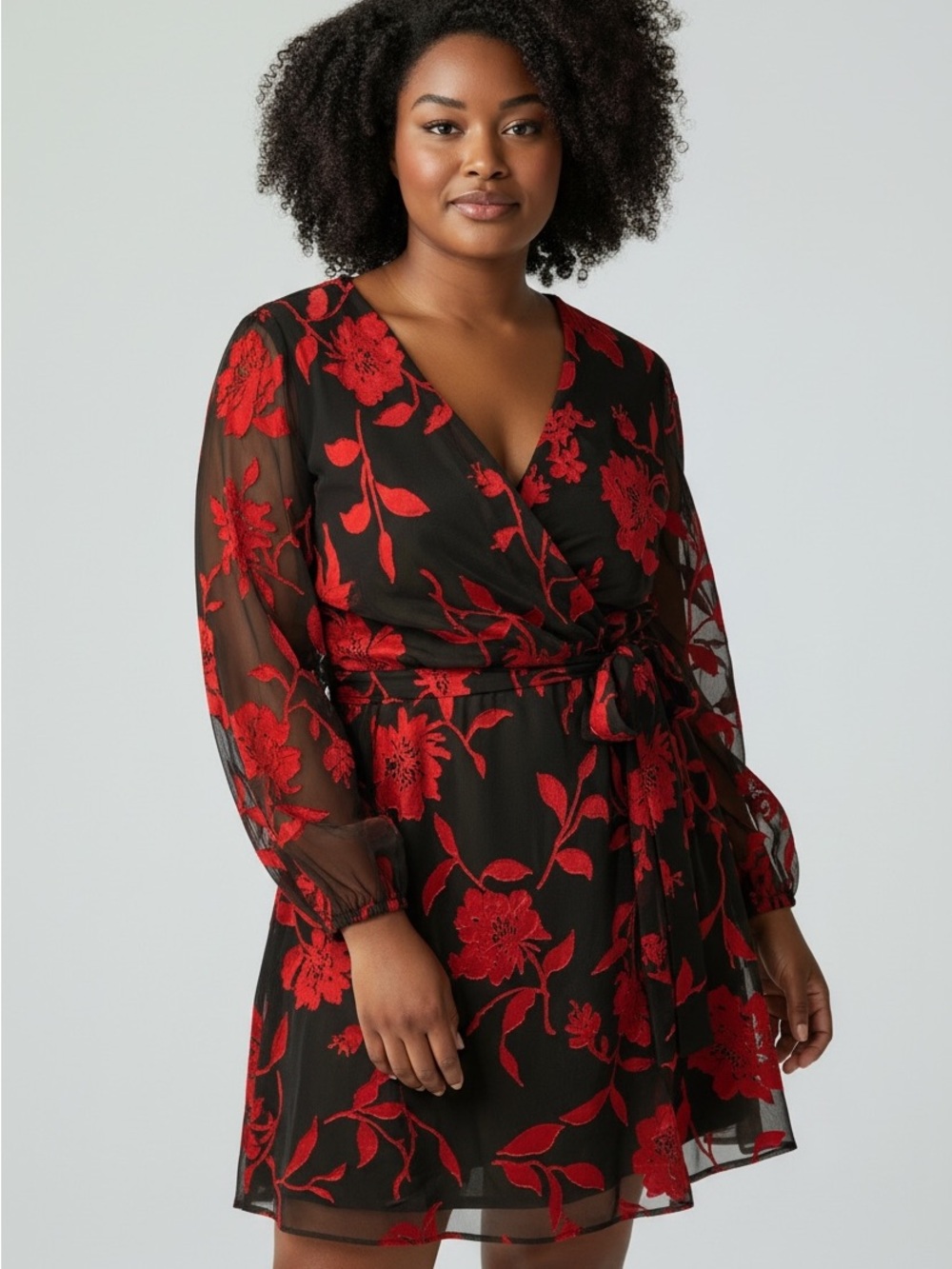 LANE BRYANT BLACK AND RED FLORAL BURN OUT WRAP DRESS SZ 22